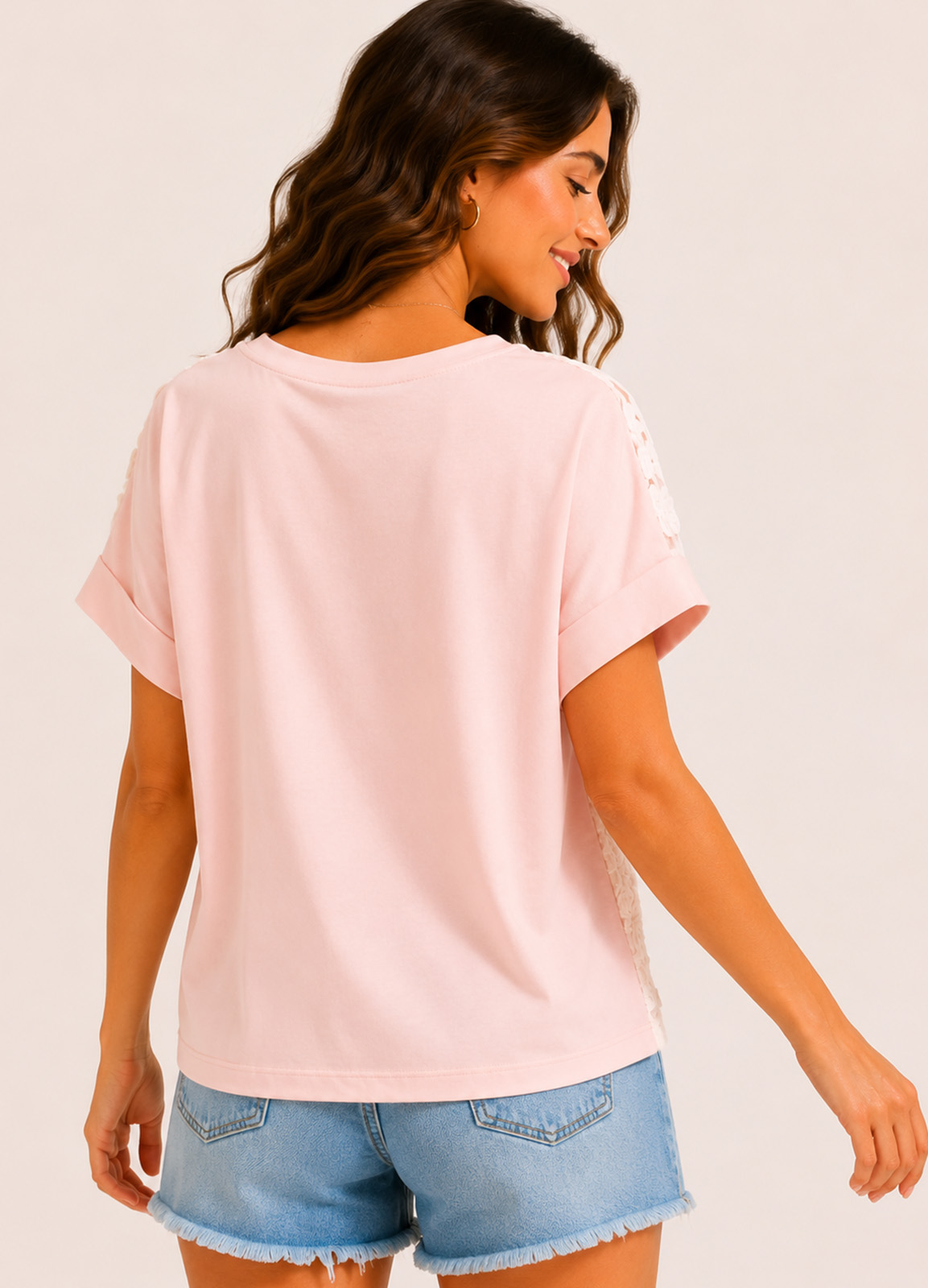Μπλούζα με Ανάγλυφη Δαντέλα & Διαφάνεια Pink