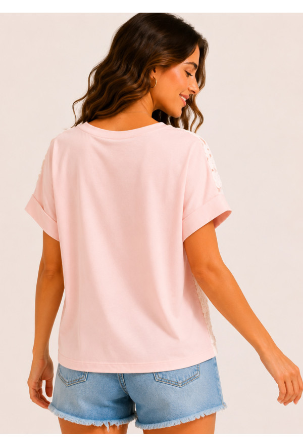 Μπλούζα με Ανάγλυφη Δαντέλα & Διαφάνεια Pink