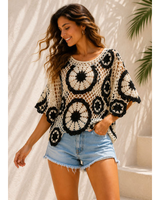Πλεκτή Μπλούζα Δίχτυ με Boho Μοτίβα Black