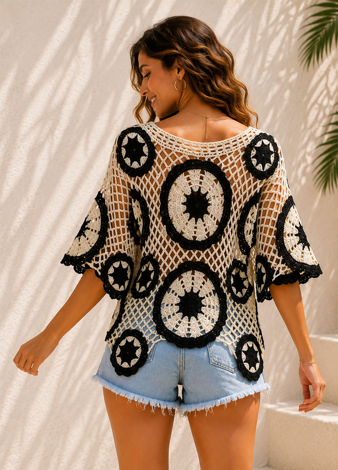 Πλεκτή Μπλούζα Δίχτυ με Boho Μοτίβα Black