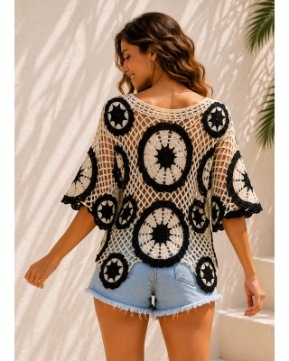 Πλεκτή Μπλούζα Δίχτυ με Boho Μοτίβα Black