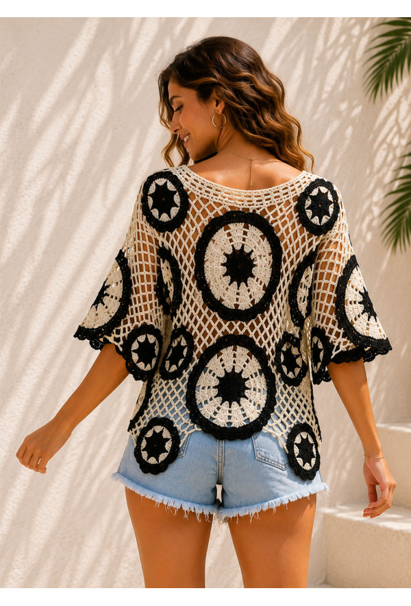 Πλεκτή Μπλούζα Δίχτυ με Boho Μοτίβα Black