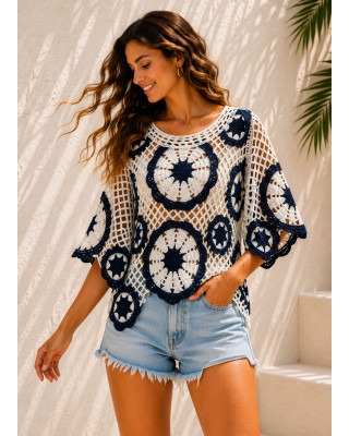 Πλεκτή Μπλούζα Δίχτυ με Boho Μοτίβα Blue