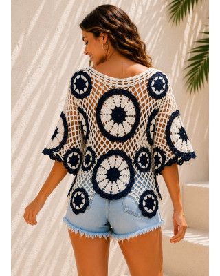 Πλεκτή Μπλούζα Δίχτυ με Boho Μοτίβα Blue