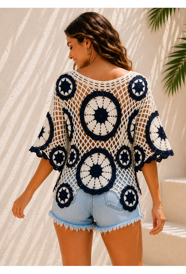 Πλεκτή Μπλούζα Δίχτυ με Boho Μοτίβα Blue