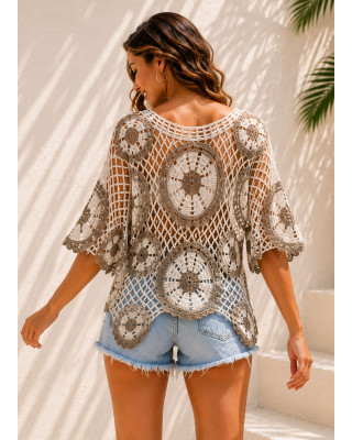Πλεκτή Μπλούζα Δίχτυ με Boho Μοτίβα Beige