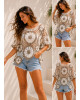 Πλεκτή Μπλούζα Δίχτυ με Boho Μοτίβα Beige