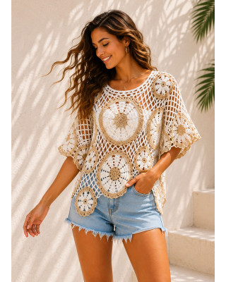 Πλεκτή Μπλούζα Δίχτυ με Boho Μοτίβα Ecru