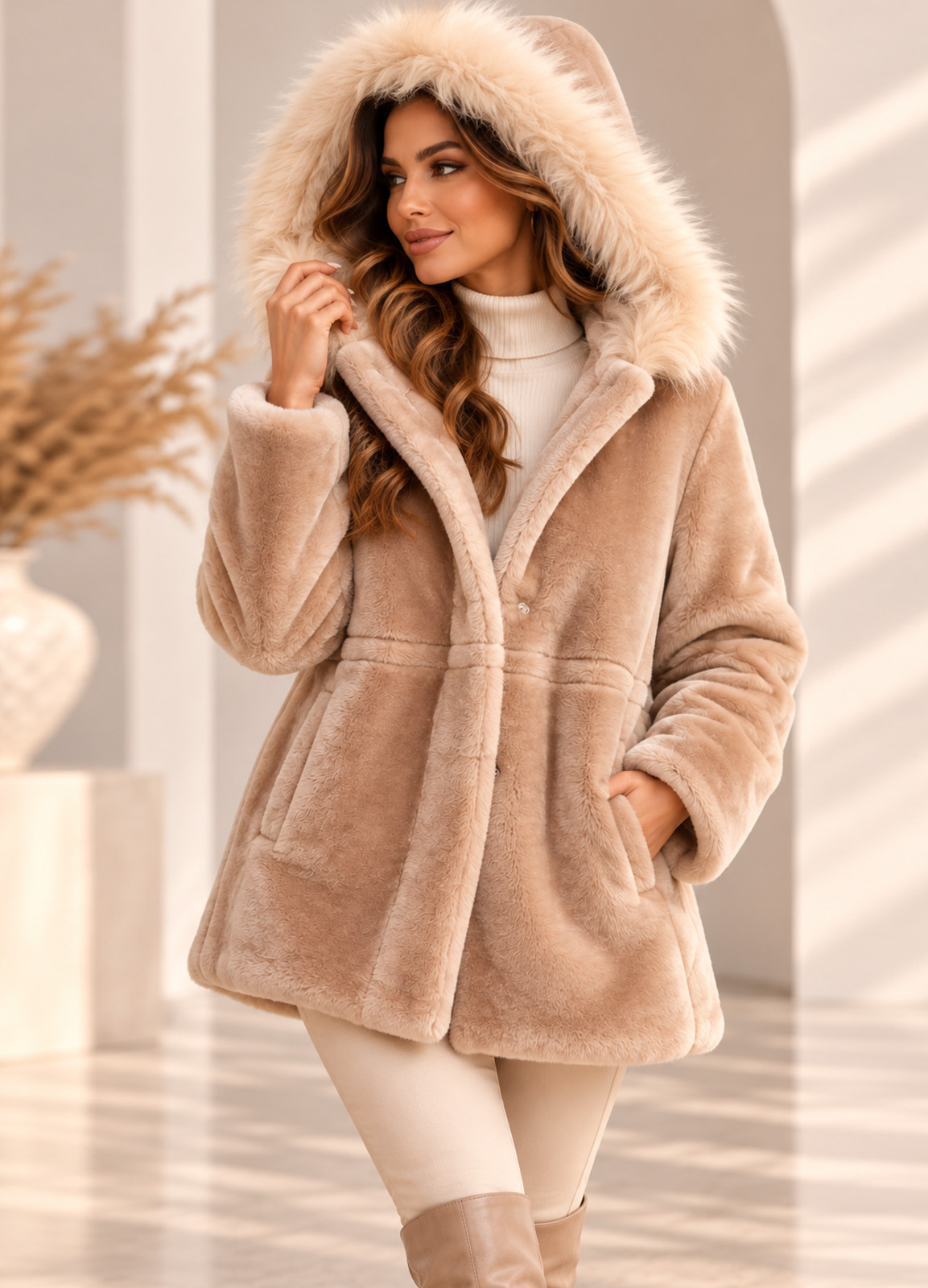 Jacket από Eco Γούνα με Κουκούλα Pink