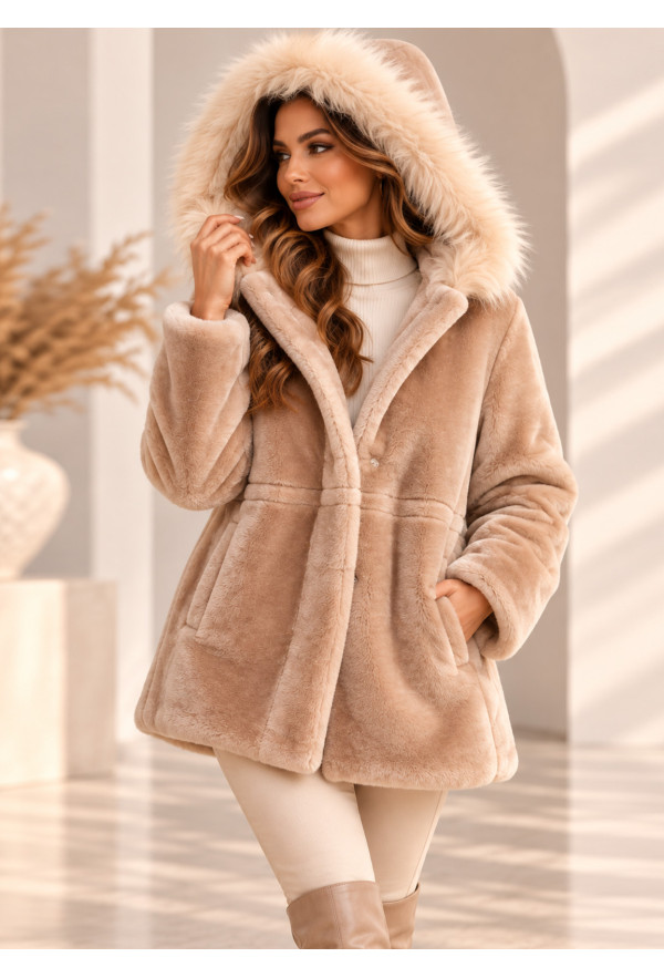 Jacket από Eco Γούνα με Κουκούλα Pink