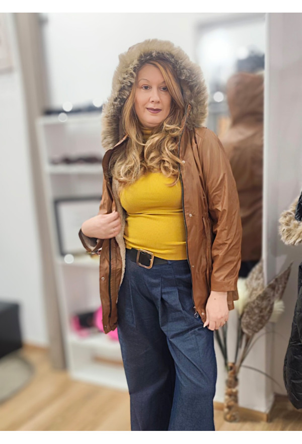 Μπουφάν Δερματίνη με Εσωτερική Επένδυση Γούνας Camel