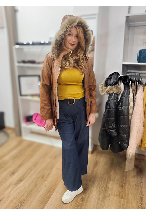 Μπουφάν Δερματίνη με Εσωτερική Επένδυση Γούνας Camel