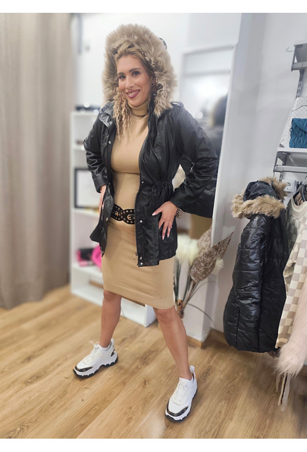 Μπουφάν Δερματίνη με Εσωτερική Επένδυση Γούνας Black