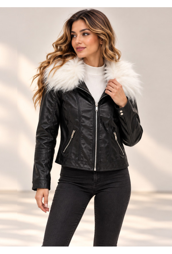 Jacket από Τεχνόδερμα με Αποσπώμενη Λευκή Γούνα