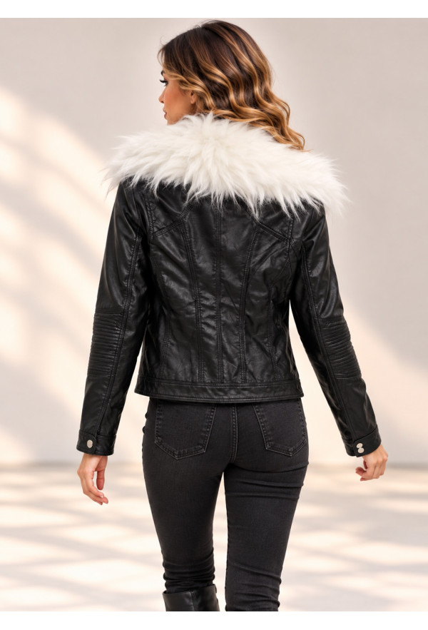 Jacket από Τεχνόδερμα με Αποσπώμενη Λευκή Γούνα