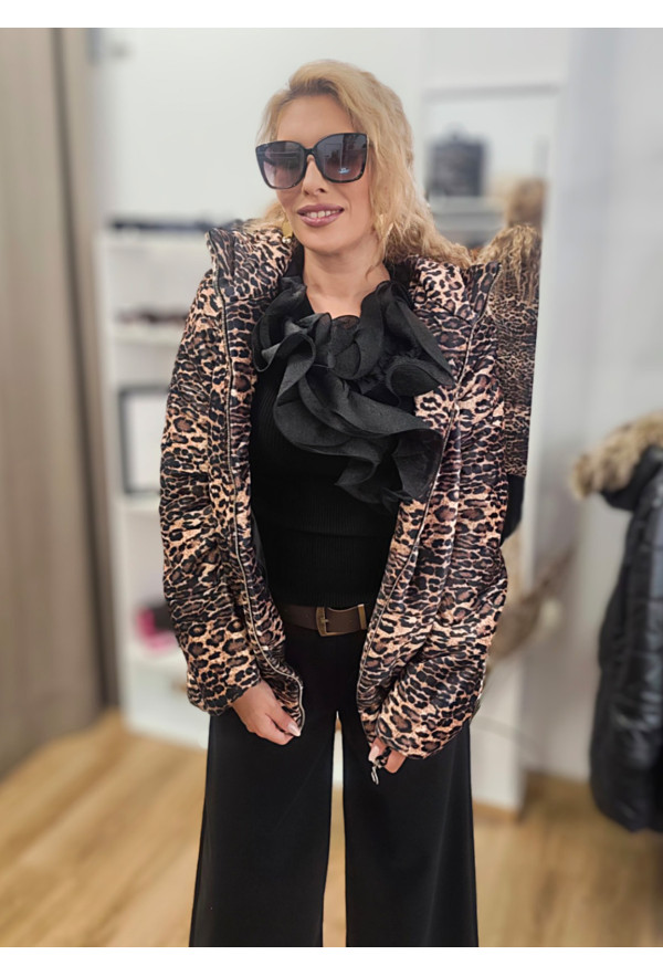 Βελούδινο Μπουφάν Animal Print Leopard με Φερμουάρ και Τσέπες