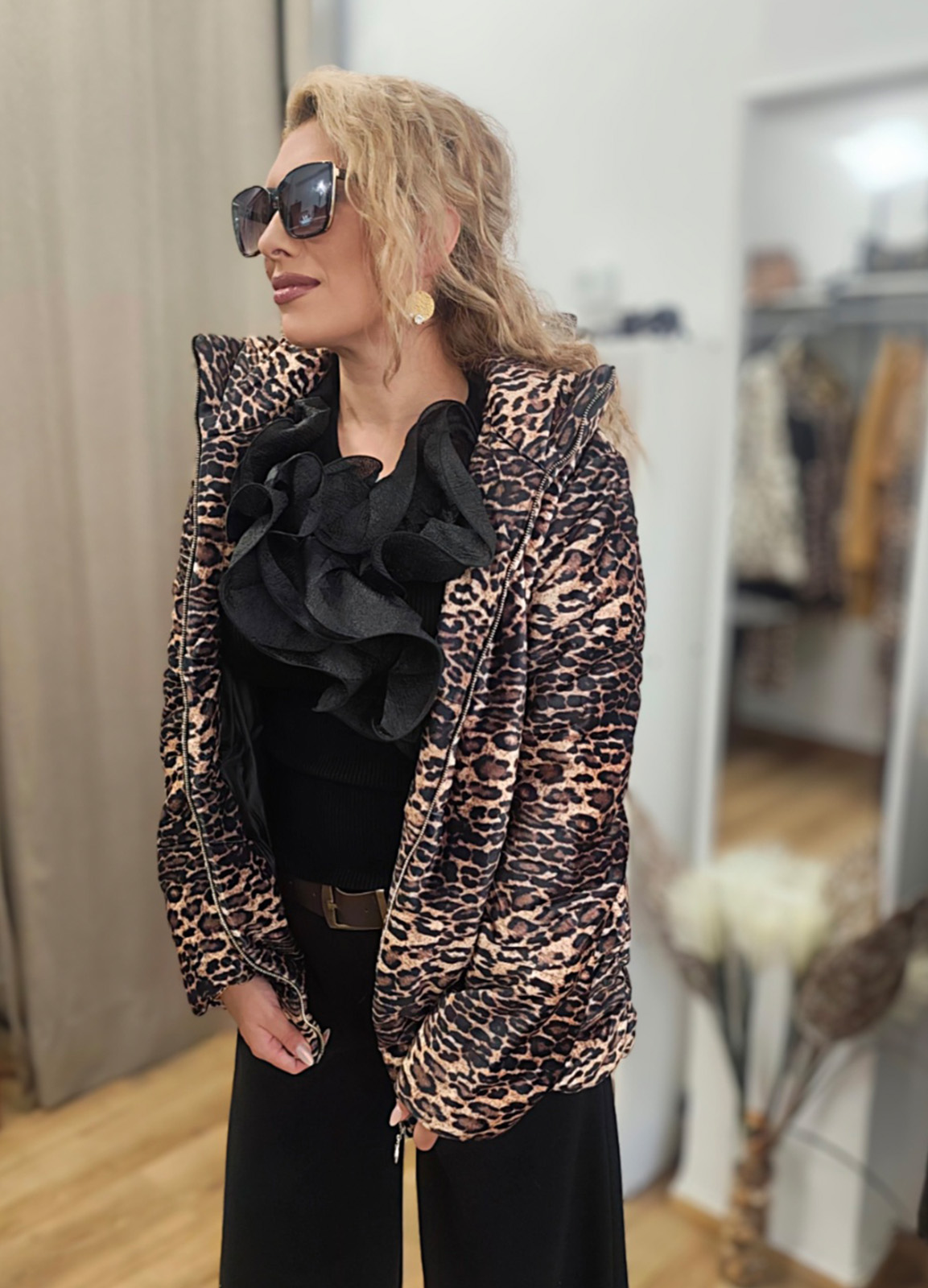 Βελούδινο Μπουφάν Animal Print Leopard με Φερμουάρ και Τσέπες