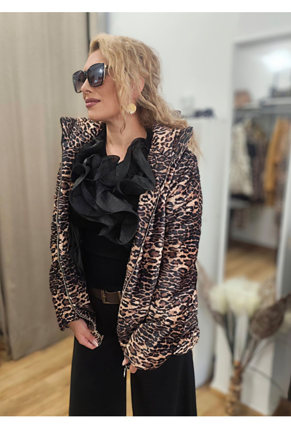 Βελούδινο Μπουφάν Animal Print Leopard με Φερμουάρ και Τσέπες
