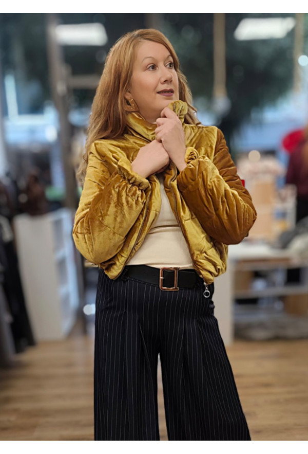 Βελούδινο Μπουφάν Crop με Φερμουάρ και Τσέπες