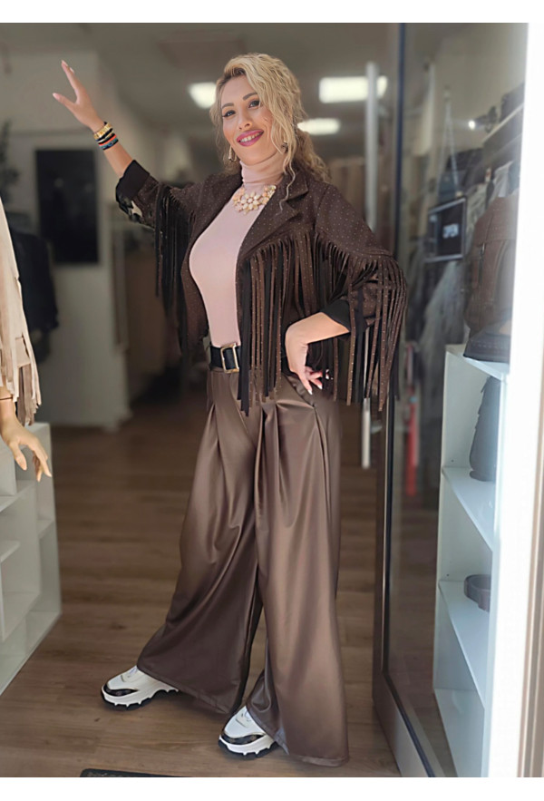 Jacket Αλκαντάρα με Κρόσσια &  Κρυσταλλάκια Στρας Chocolate