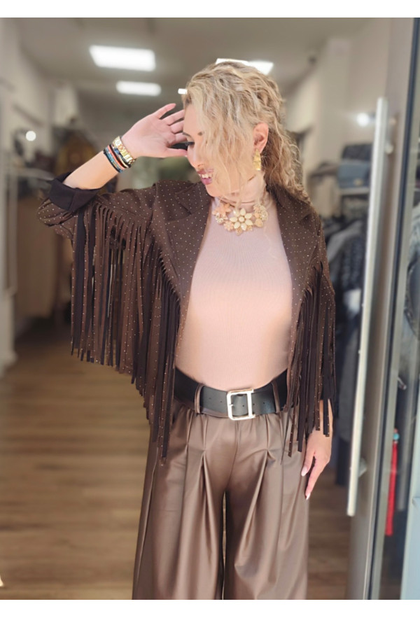Jacket Αλκαντάρα με Κρόσσια &  Κρυσταλλάκια Στρας Chocolate