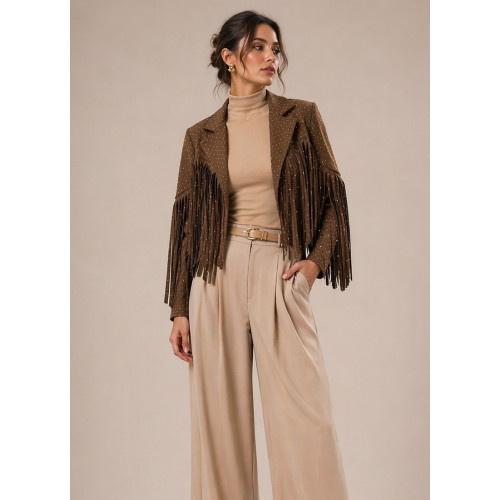 Jacket Αλκαντάρα με Κρόσσια &  Κρυσταλλάκια Στρας Chocolate