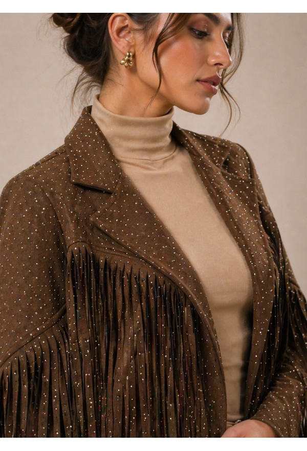 Jacket Αλκαντάρα με Κρόσσια &  Κρυσταλλάκια Στρας Chocolate