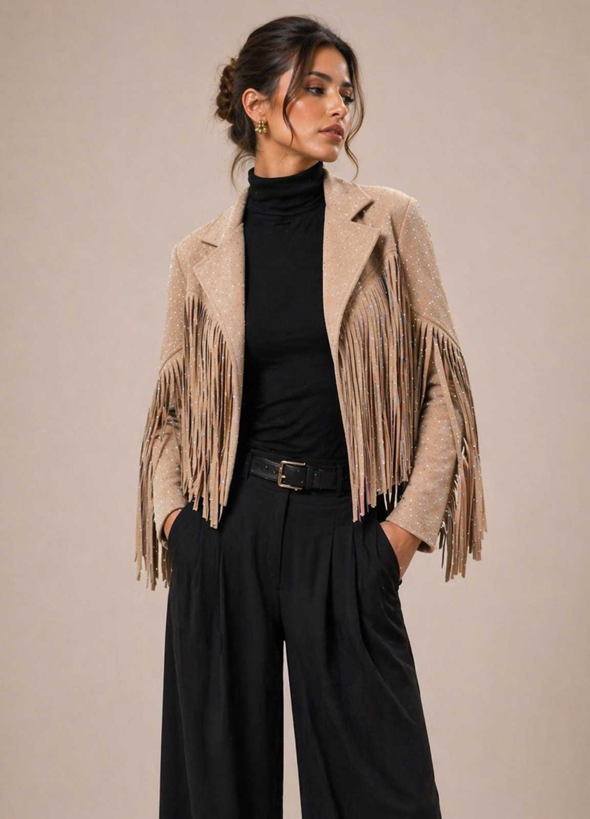 Jacket Αλκαντάρα με Κρόσσια &  Κρυσταλλάκια Στρας Sand Beige