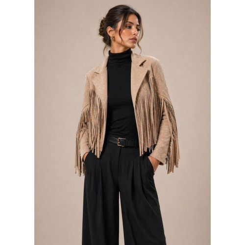 Jacket Αλκαντάρα με Κρόσσια &  Κρυσταλλάκια Στρας Sand Beige