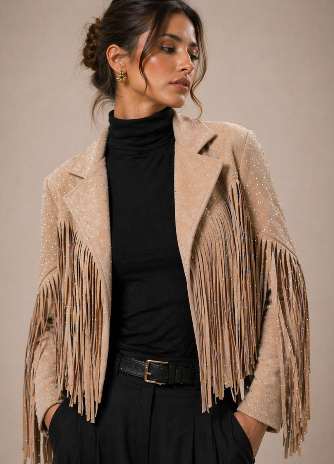 Jacket Αλκαντάρα με Κρόσσια &  Κρυσταλλάκια Στρας Sand Beige