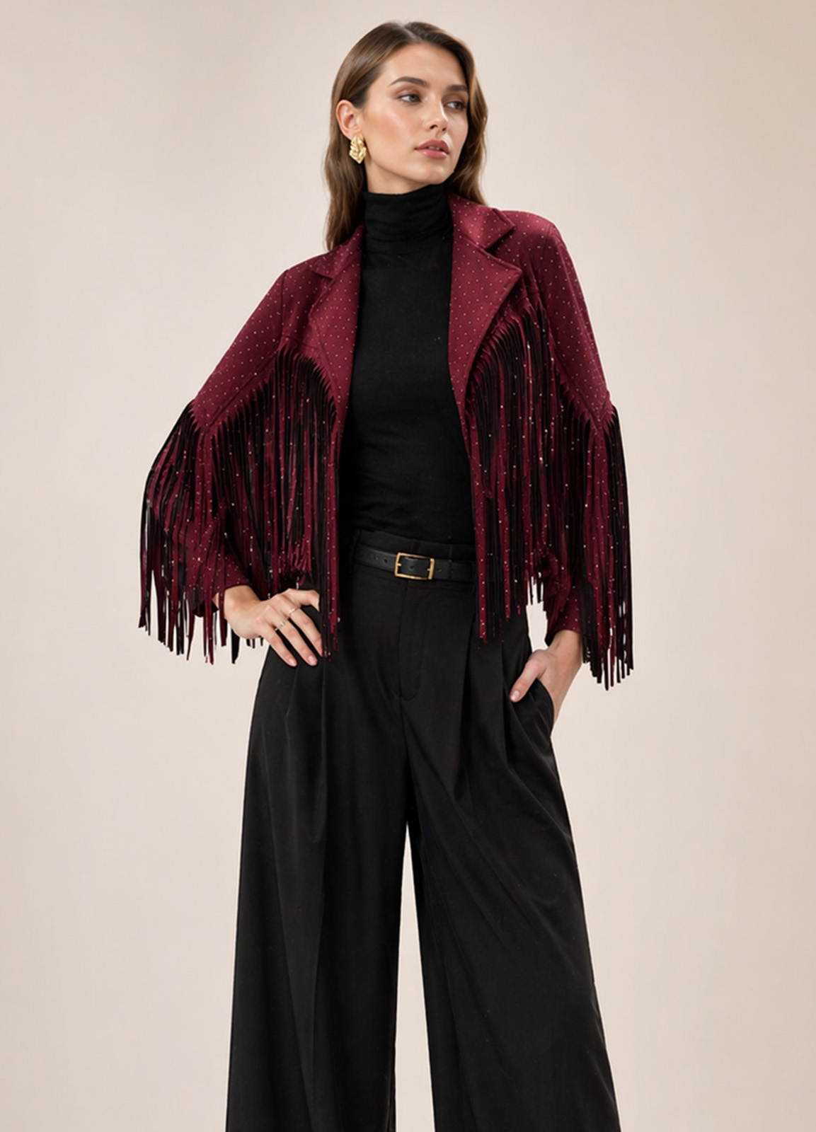 Jacket Αλκαντάρα με Κρόσσια &  Κρυσταλλάκια Στρας Bordo