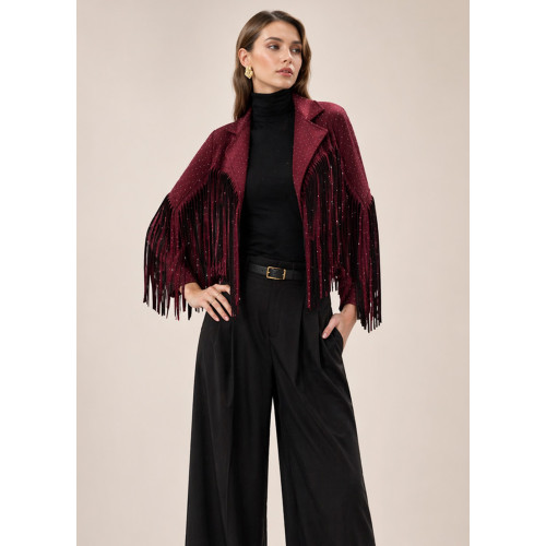 Jacket Αλκαντάρα με Κρόσσια &  Κρυσταλλάκια Στρας Bordo