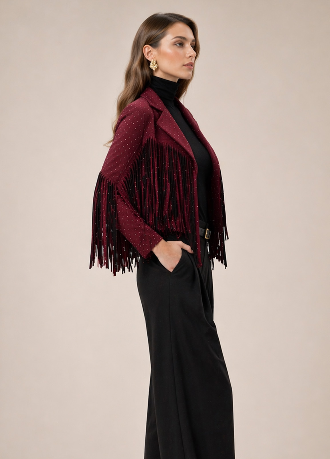 Jacket Αλκαντάρα με Κρόσσια &  Κρυσταλλάκια Στρας Bordo