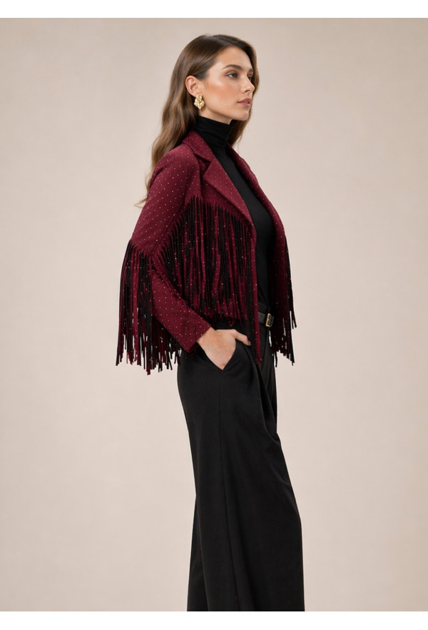Jacket Αλκαντάρα με Κρόσσια &  Κρυσταλλάκια Στρας Bordo