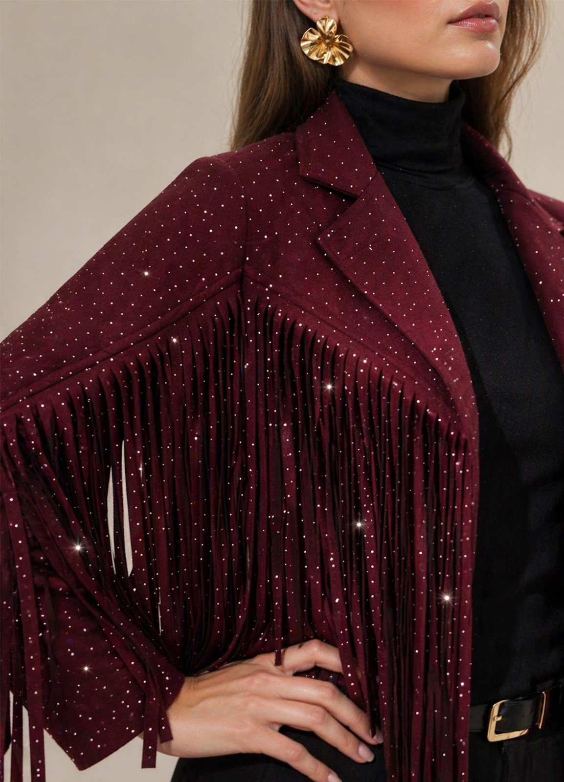 Jacket Αλκαντάρα με Κρόσσια &  Κρυσταλλάκια Στρας Bordo
