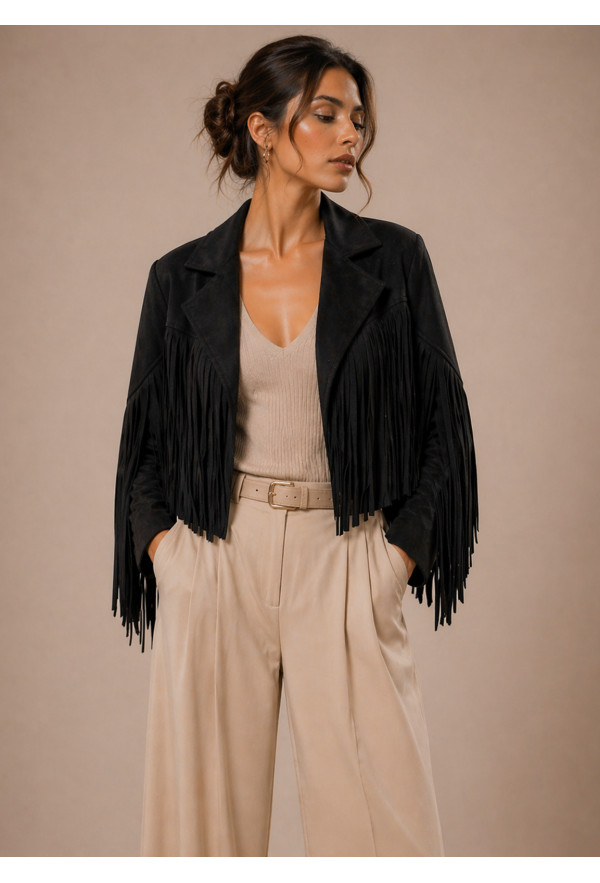 Jacket Αλκαντάρα με Κρόσσια Black