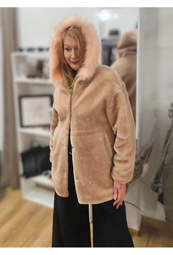 Jacket από Eco Γούνα με Κουκούλα Pink