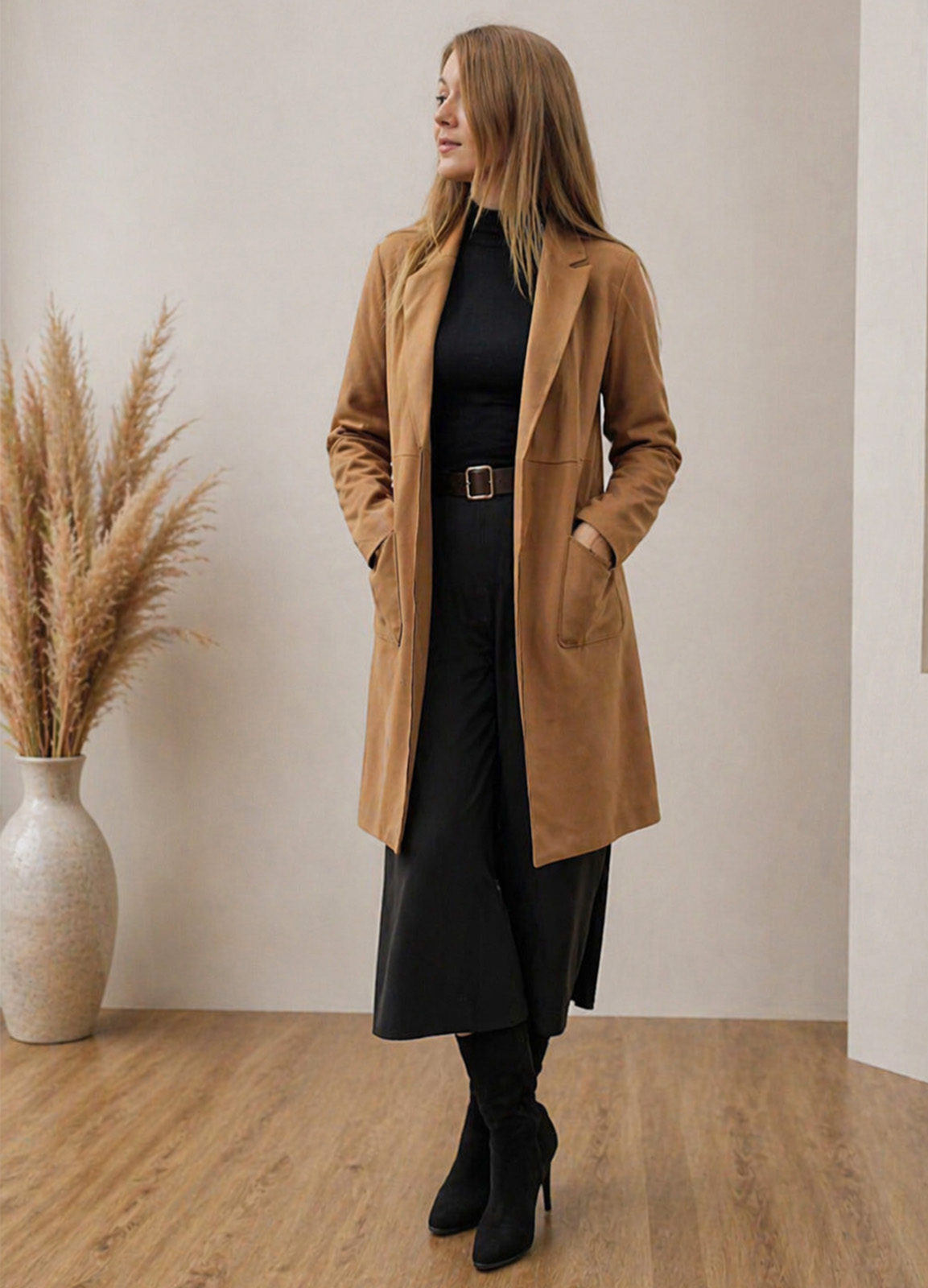 Μακρύ Oversized Jacket Αλκαντάρα Χωρίς Κούμπωμα Camel