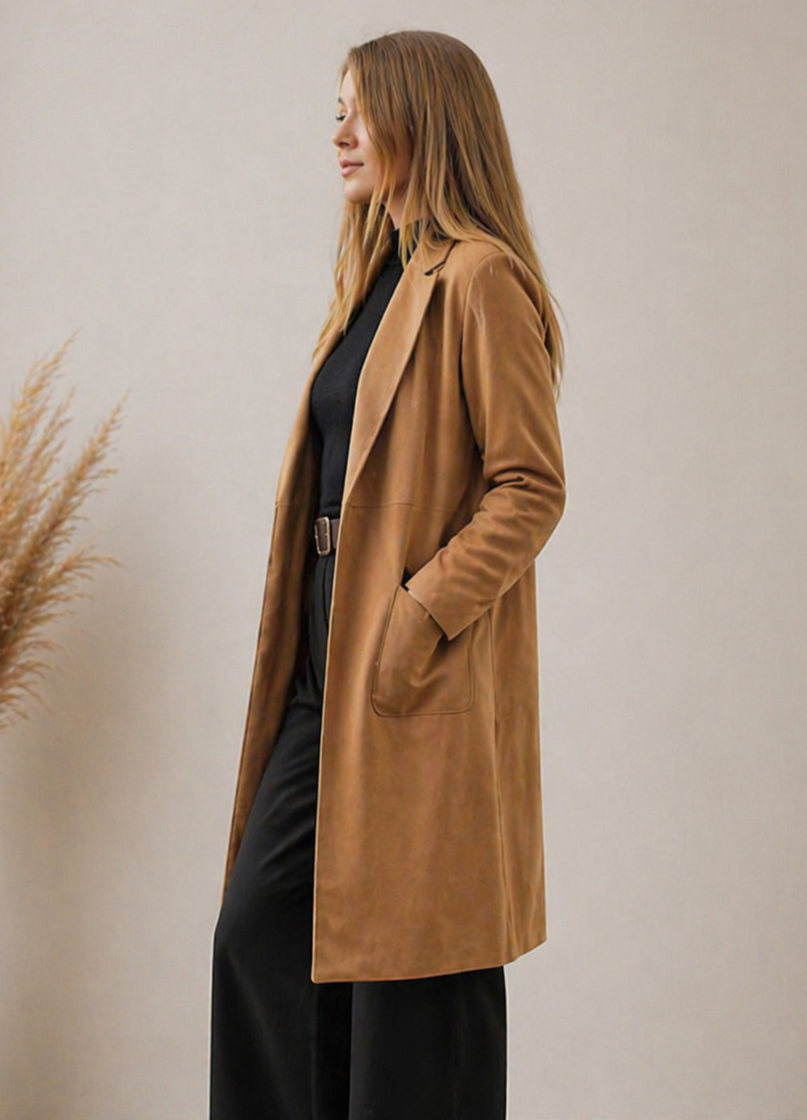 Μακρύ Oversized Jacket Αλκαντάρα Χωρίς Κούμπωμα Camel