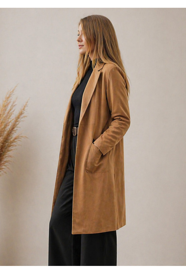 Μακρύ Oversized Jacket Αλκαντάρα Χωρίς Κούμπωμα Camel