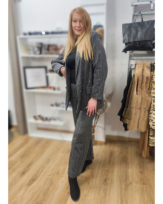 Oversized Σακάκι Γκρι Χωρίς Κούμπωμα Με Ασύμμετρη Ρίγα & Λαμπερές Πέτρες