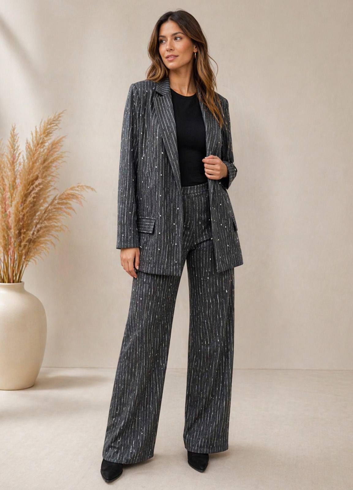 Oversized Σακάκι Γκρι Χωρίς Κούμπωμα Με Ασύμμετρη Ρίγα & Λαμπερές Πέτρες