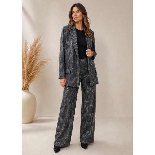 Oversized Σακάκι Γκρι Χωρίς Κούμπωμα Με Ασύμμετρη Ρίγα & Λαμπερές Πέτρες