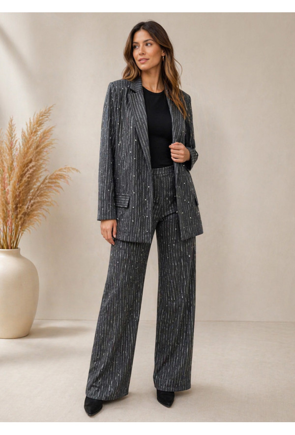 Oversized Σακάκι Γκρι Χωρίς Κούμπωμα Με Ασύμμετρη Ρίγα & Λαμπερές Πέτρες