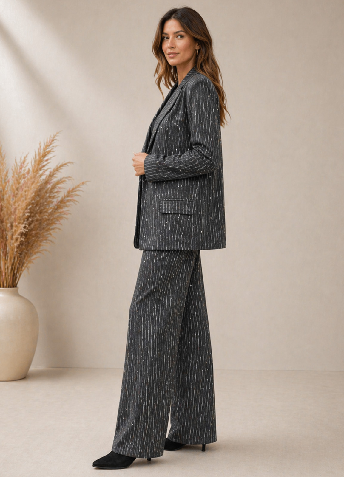 Oversized Σακάκι Γκρι Χωρίς Κούμπωμα Με Ασύμμετρη Ρίγα & Λαμπερές Πέτρες