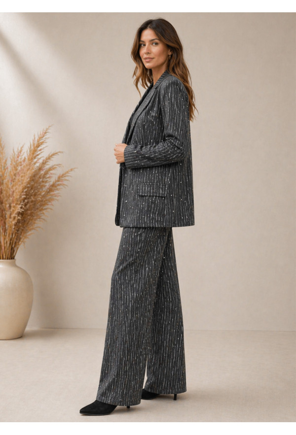 Oversized Σακάκι Γκρι Χωρίς Κούμπωμα Με Ασύμμετρη Ρίγα & Λαμπερές Πέτρες