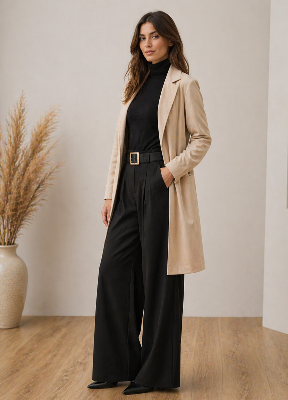 Μακρύ Oversized Jacket Αλκαντάρα Χωρίς Κούμπωμα Beige