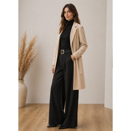 Μακρύ Oversized Jacket Αλκαντάρα Χωρίς Κούμπωμα Beige