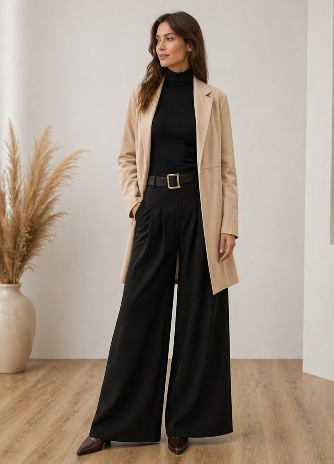 Μακρύ Oversized Jacket Αλκαντάρα Χωρίς Κούμπωμα Beige