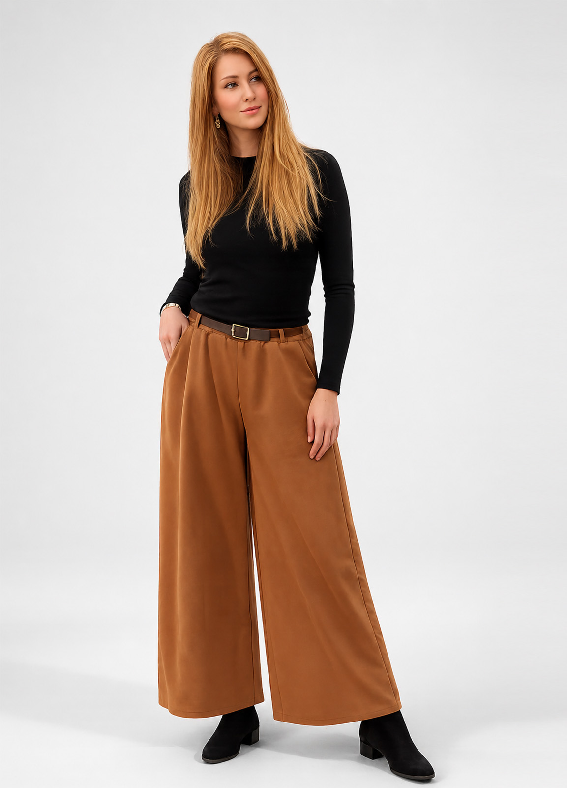 Παντελόνα Αλκαντάρα με Λάστιχο & Ζώνη Τεχνόδερμα Camel